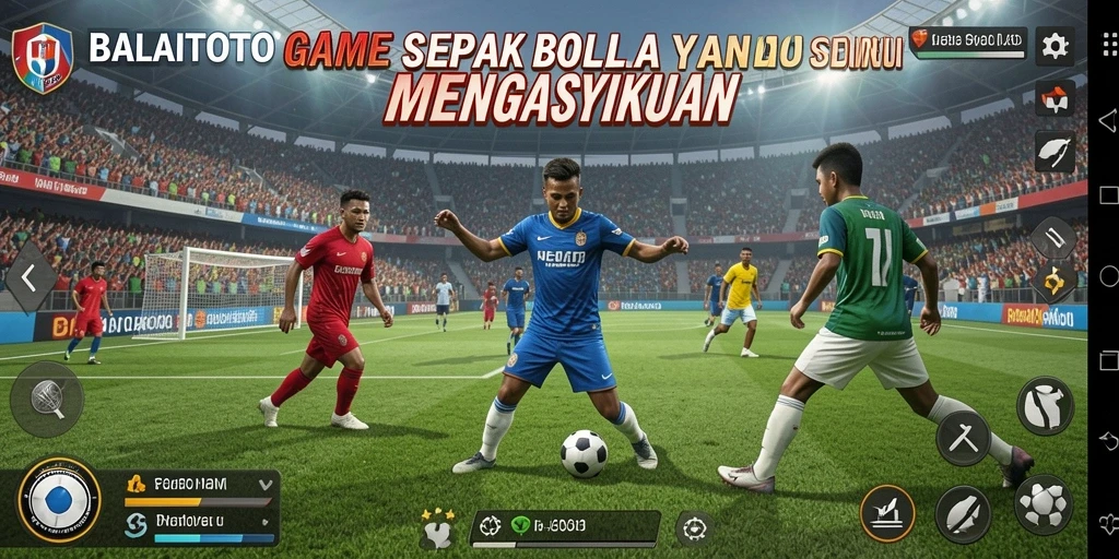 Screenshot utama BALAITOTO menampilkan aksi seru di lapangan sepak bola.