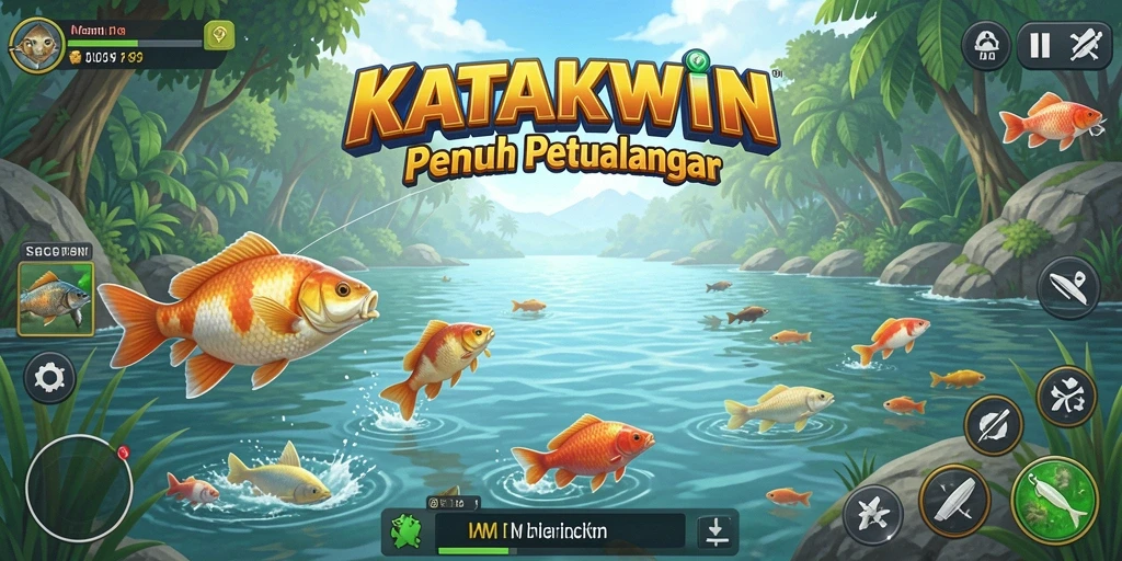 Screenshot utama KATAKWIN menampilkan aksi seru saat memancing di laut.