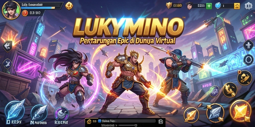 Tampilan aksi pertarungan seru di LUKYMINO dengan karakter yang beragam.