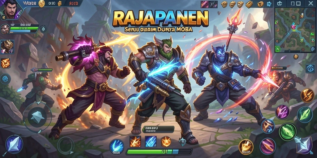 Tampilan seru pertempuran di RAJAPANEN dengan aksi gameplay MOBA yang intens.